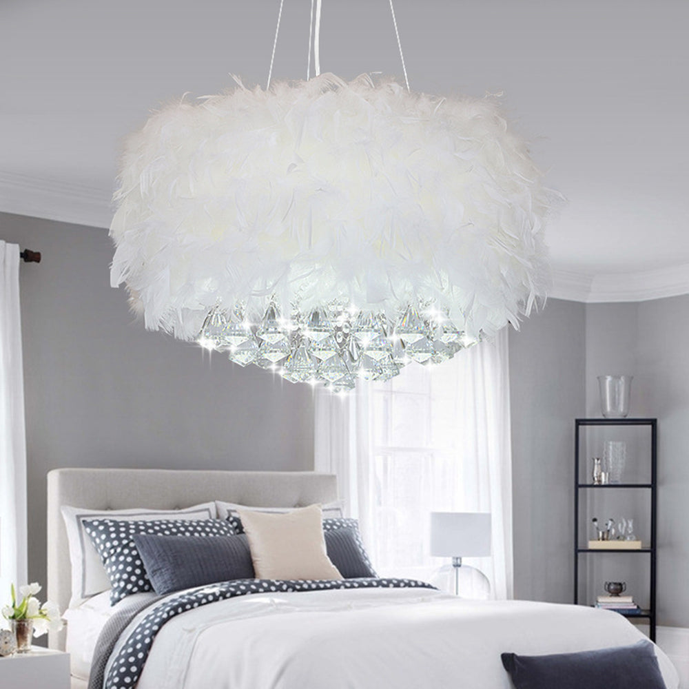 O'Moore Modern Luxury Round Chandelier, Feather/Crystal, White - Lamp Copper