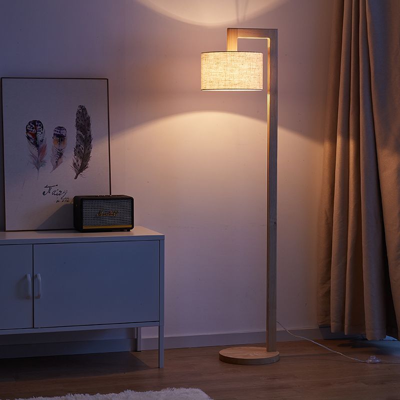 Ozawa Japanese Right Angle Arm Floor Lamp, Beige, Wood/Fabric - Lamp Copper