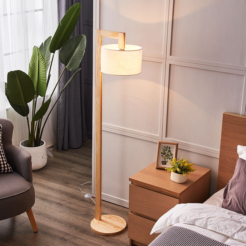 Ozawa Japanese Right Angle Arm Floor Lamp, Beige, Wood/Fabric - Lamp Copper