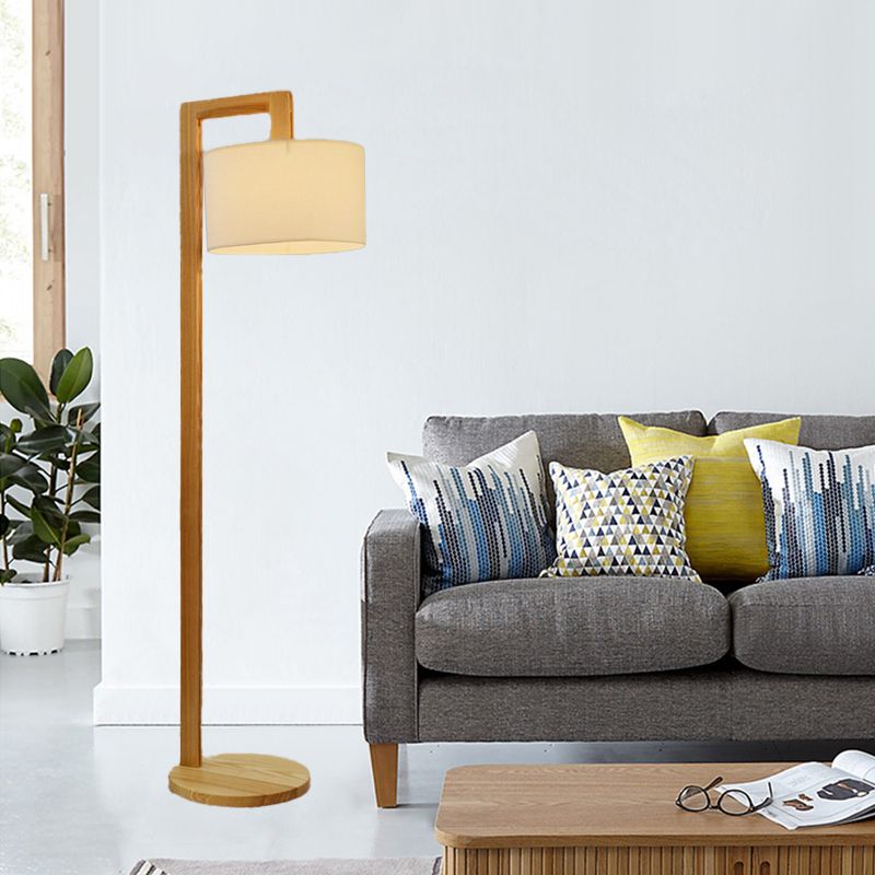 Ozawa Japanese Right Angle Arm Floor Lamp, Beige, Wood/Fabric - Lamp Copper