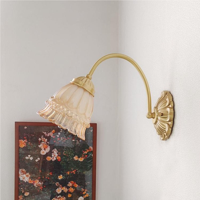 Arisha Retro LED Indoor Wall Lamp Gold Glass Flower-shaped Design Bedroom - Lamp Copper