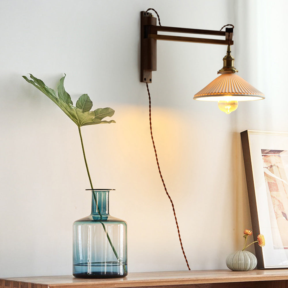 Muto Vintage Dome Ceramic/Wood Wall Lamp, Walnut/Wood/Clear - Lamp Copper
