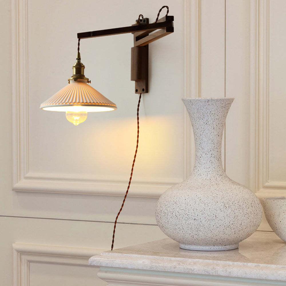 Muto Vintage Dome Ceramic/Wood Wall Lamp, Walnut/Wood/Clear - Lamp Copper