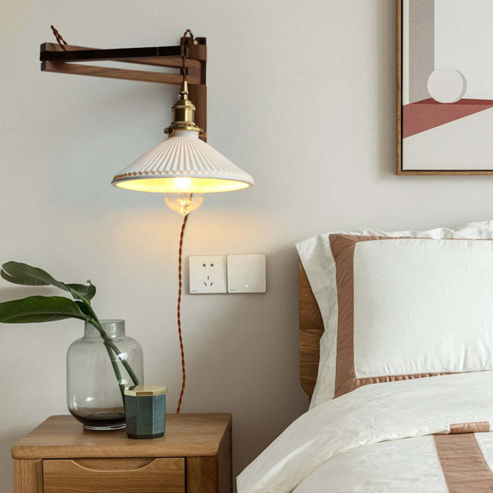 Muto Vintage Dome Ceramic/Wood Wall Lamp, Walnut/Wood/Clear - Lamp Copper