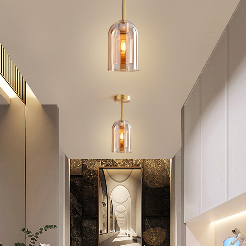 Valentina Modern Cylinder Semi-Flush Mount Clear Glass Ceiling Light, Cognac/Grey - Lamp Copper