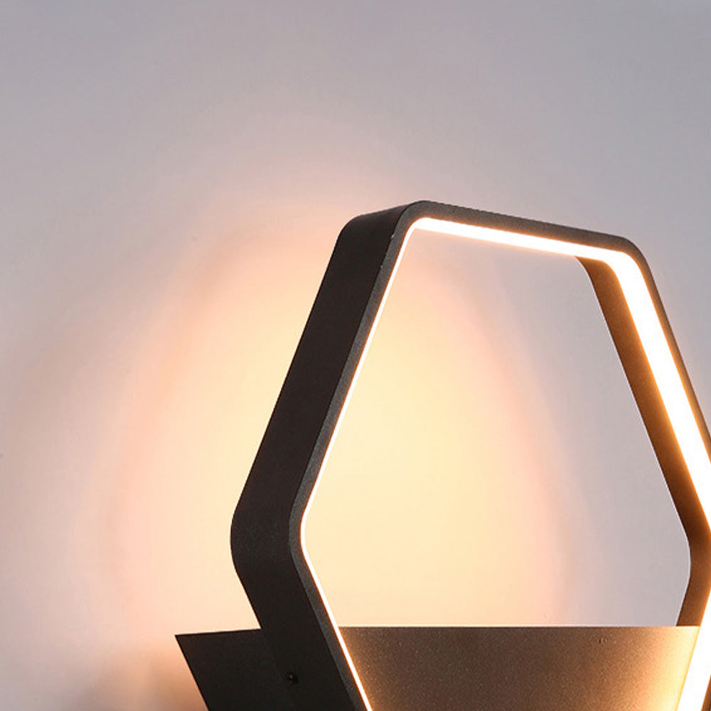 Ray Minimalist Hexagonal Ring With Shelf Metal Outdoor Wall Lamp, Black - Lamp Copper