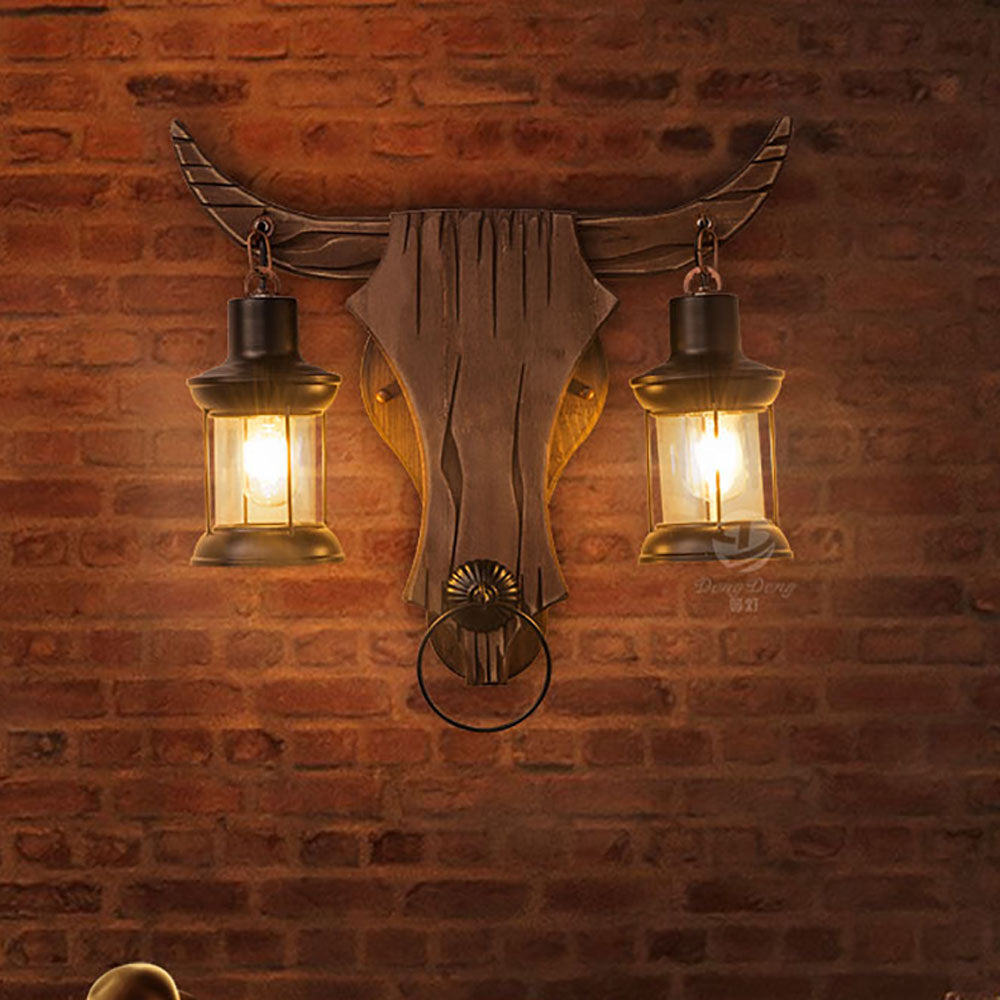 Austin Wall Lamp Bull Shape Vintage, 2 Heads Wood/Metal, Bedroom - Lamp Copper