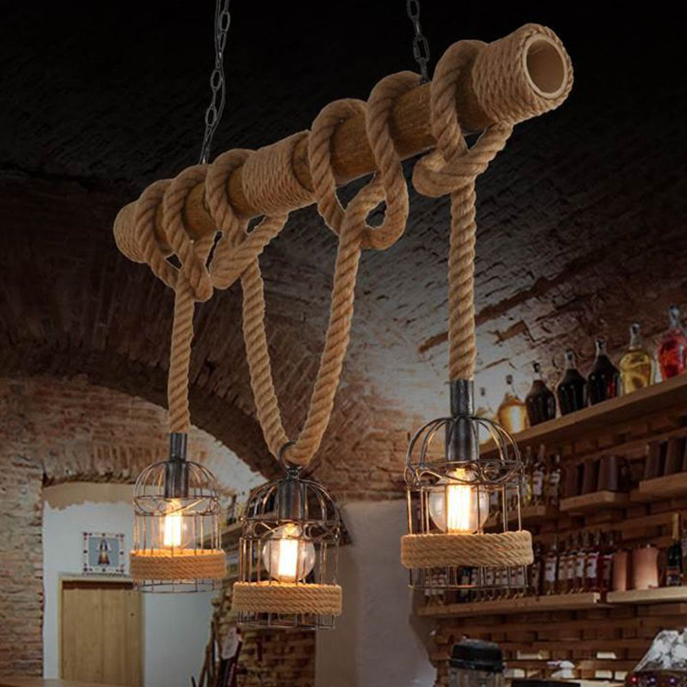 Silva Vintage 3 Heads Wood Rope Pendant Light - Lamp Copper