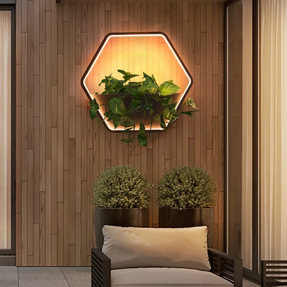 Ray Minimalist Hexagonal Ring With Shelf Metal Outdoor Wall Lamp, Black - Lamp Copper