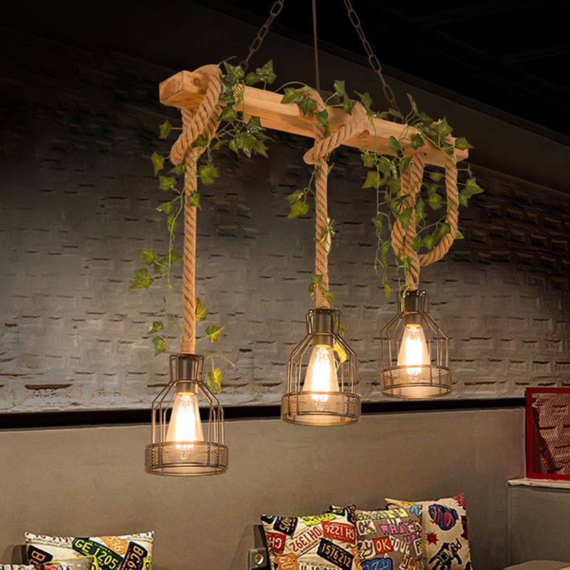 Epoch Caged Vintage Farmhouse Wood Beam Pendant Light 3/5 Heads - Lamp Copper