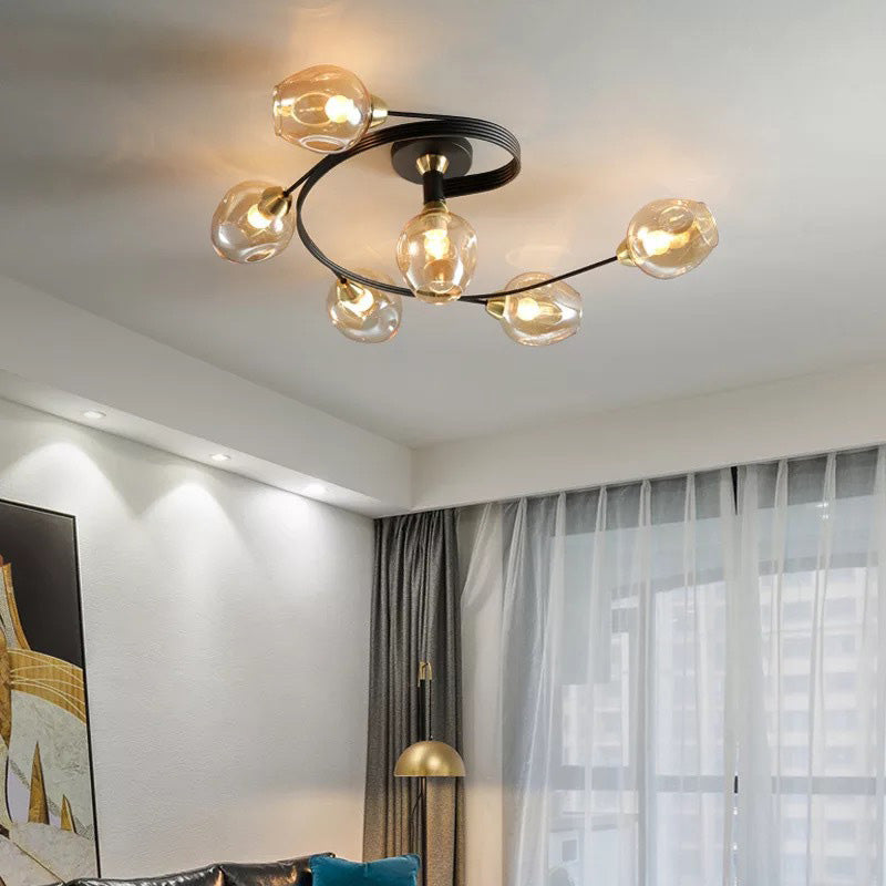 Valentina Flush Mount Ceiling Light, Glass, Black/Gold, Dining Room - Lamp Copper