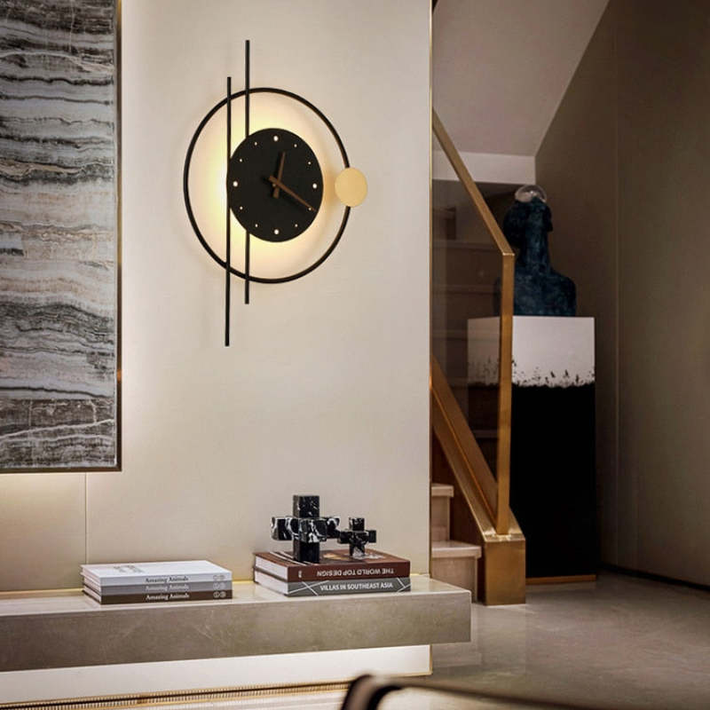 Arisha Wall Lamp Clock, Black & Gold - Lamp Copper