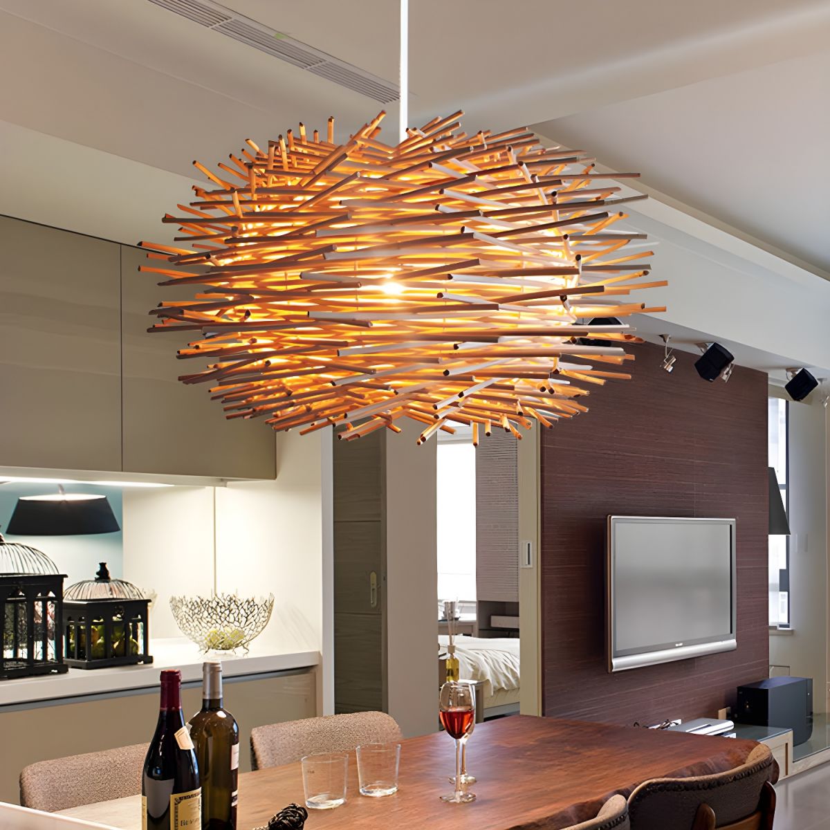 Muto Wooden Bird Nest Rattan Pendant Light, Brown/Wood - Lamp Copper