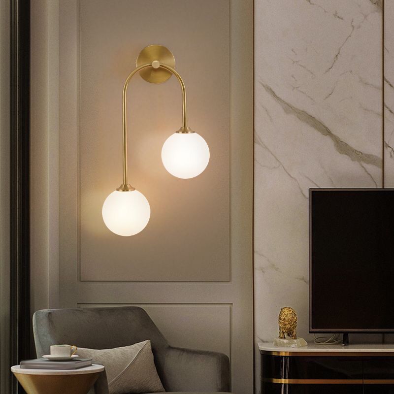 Valentina Modern Arc Globe Glass Wall Lamp, Brass, Living Room - Lamp Copper