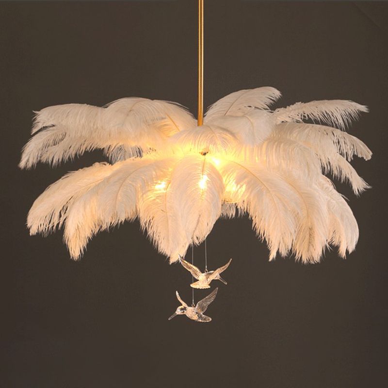 O'Moore Ostrich Contemporary Elegant Feather Chandelier, White - Lamp Copper