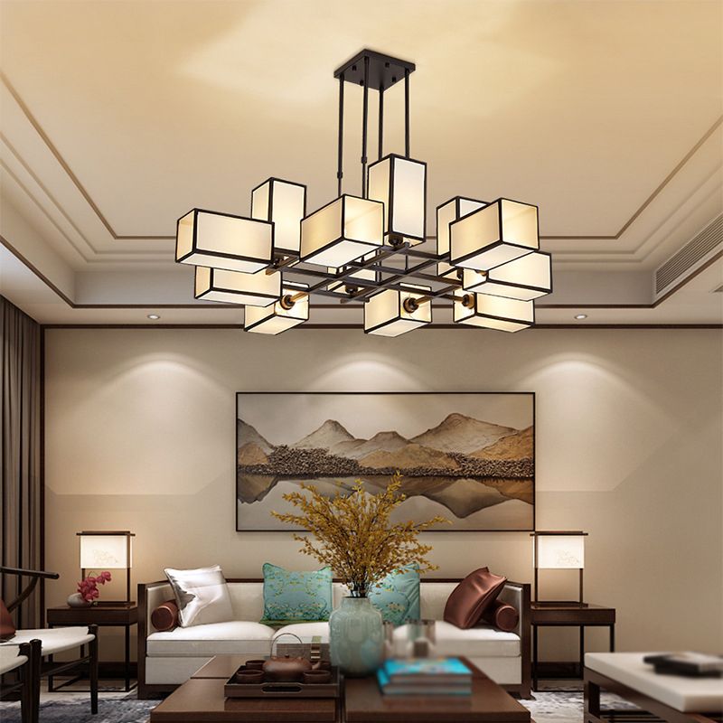 Arisha Pendant Light Square Retro, Metal/Fabric, Black/Gold, Living Room - Lamp Copper