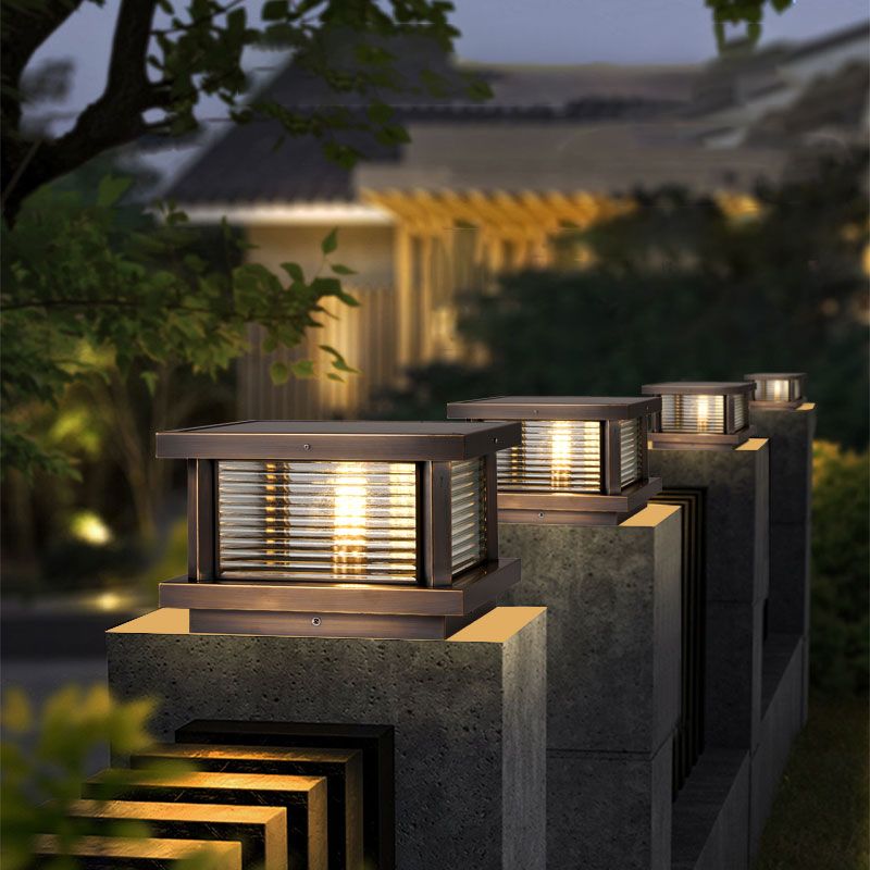 Ray Modern Rectangular Metal Outdoor Solar Lamp, Black/ Brass/Bronze - Lamp Copper