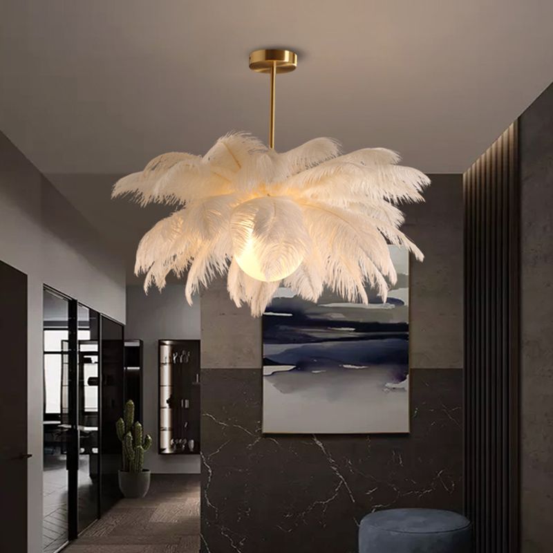 O'Moore Ostrich Contemporary Elegant Feather Chandelier, White - Lamp Copper