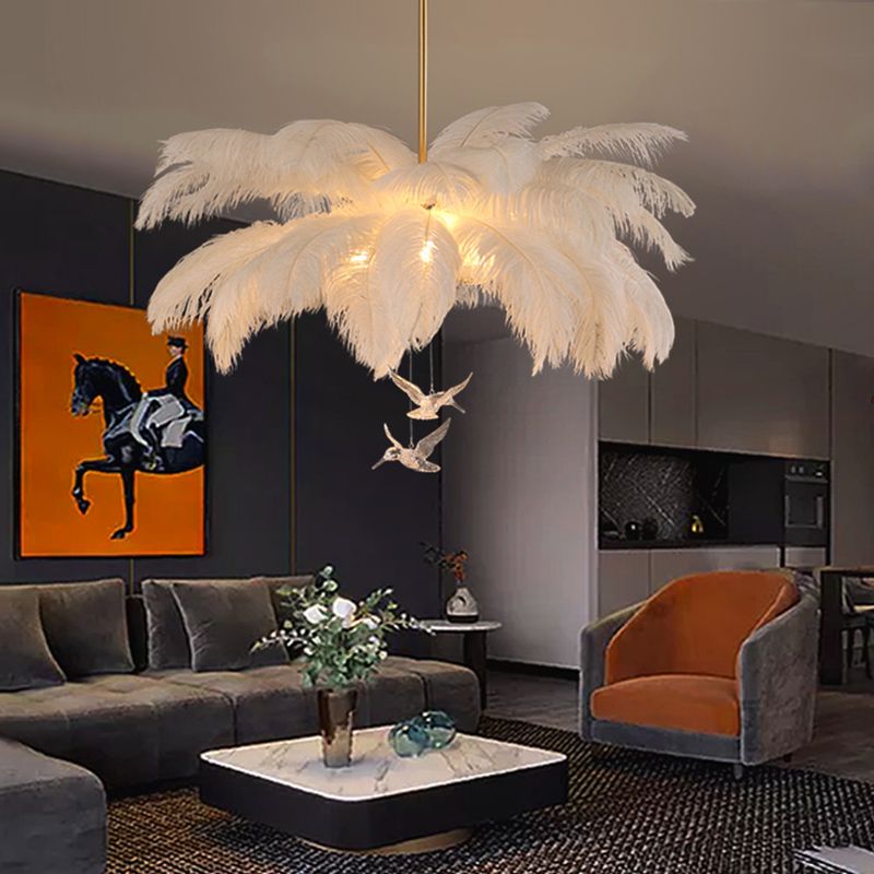 O'Moore Ostrich Contemporary Elegant Feather Chandelier, White - Lamp Copper