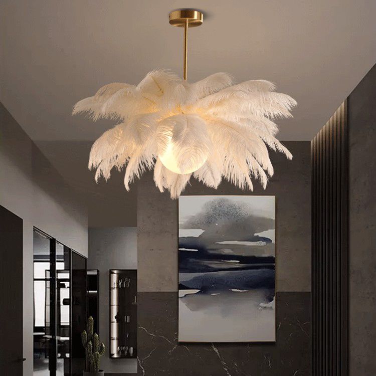 O'Moore Ostrich Contemporary Elegant Feather Chandelier, White - Lamp Copper
