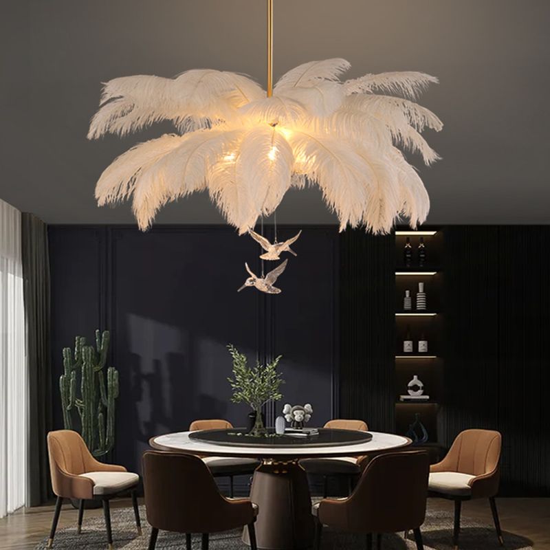 O'Moore Ostrich Contemporary Elegant Feather Chandelier, White - Lamp Copper
