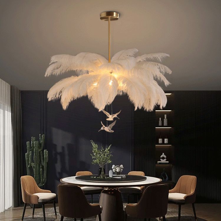 O'Moore Ostrich Contemporary Elegant Feather Chandelier, White - Lamp Copper