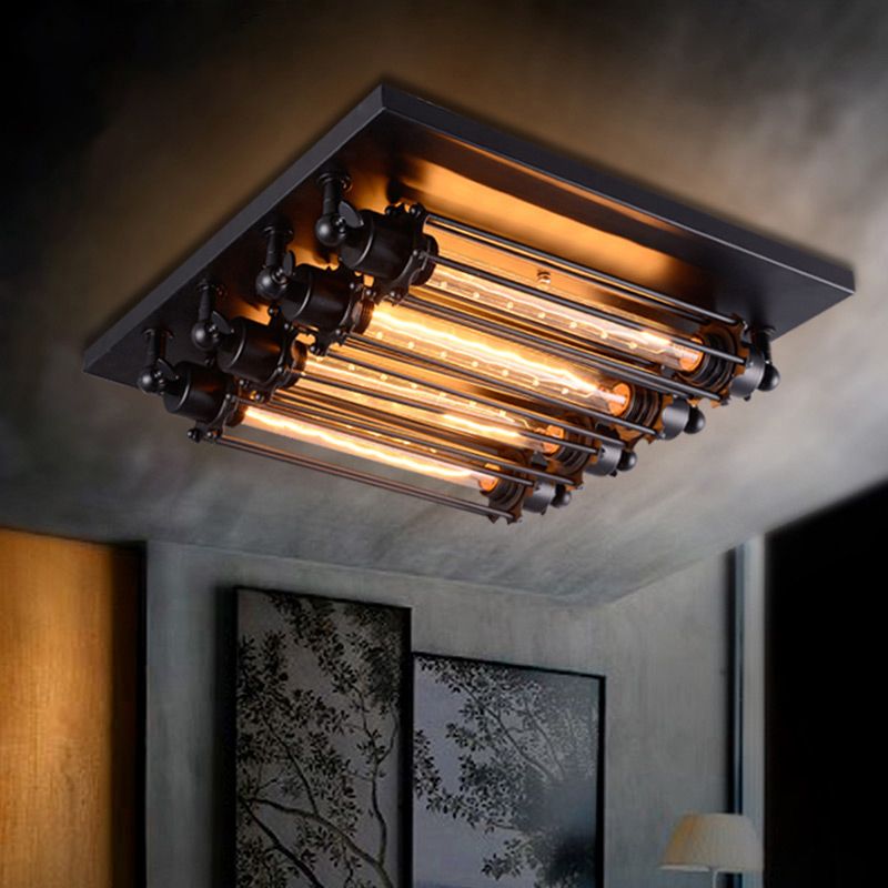 Austin Vintage Tubed Metal Flush Mount Ceiling Light, Black, Living Room - Lamp Copper