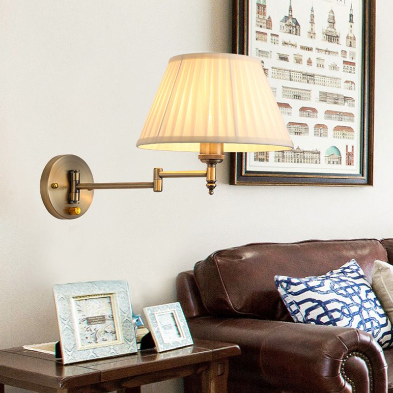 Arisha Wall Lamp Vintage, Pleated Fabric Adjustable, White/Beige, Bedroom - Lamp Copper
