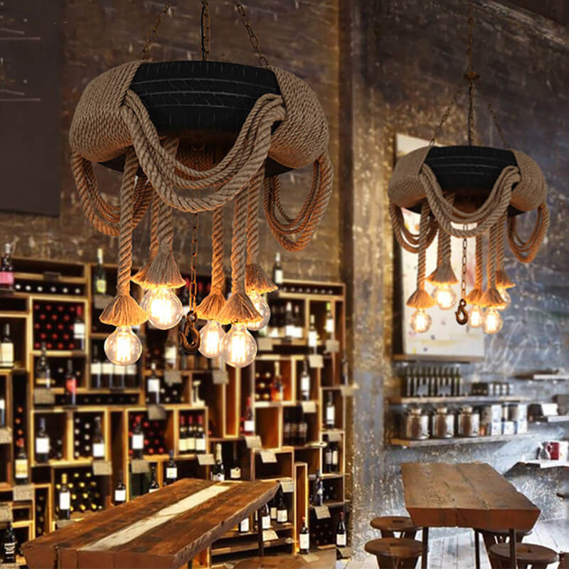 Epoch Vintage Industrial Chandelier Hemp Rope Tyre Dining Room - Lamp Copper