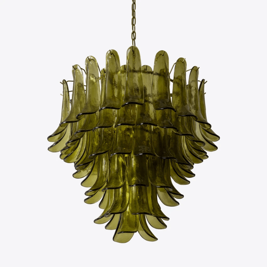 Aurora Chandelier Green Petal Glass Layered Natural - Lamp Copper