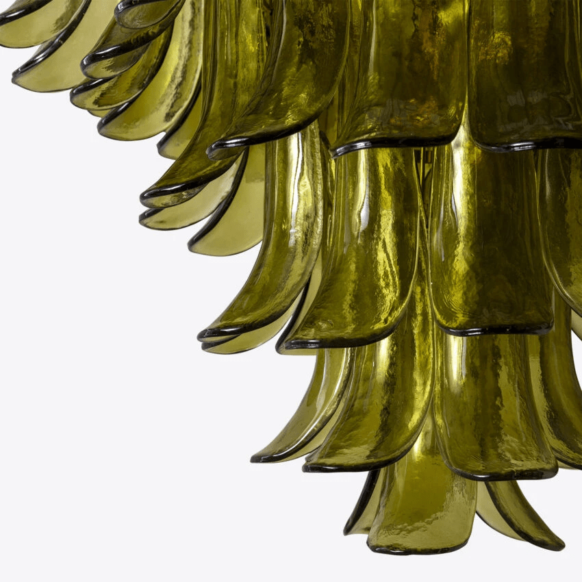 Aurora Chandelier Green Petal Glass Layered Natural - Lamp Copper