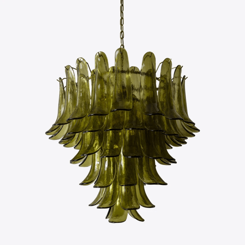 Aurora Chandelier Green Petal Glass Layered Natural - Lamp Copper