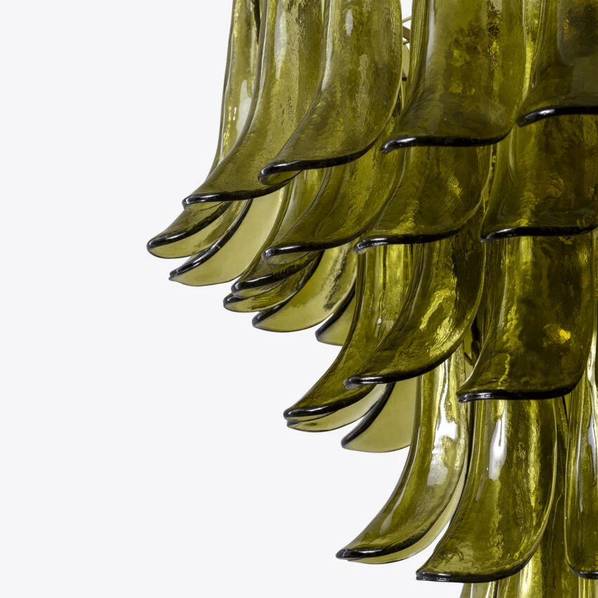 Aurora Chandelier Green Petal Glass Layered Natural - Lamp Copper