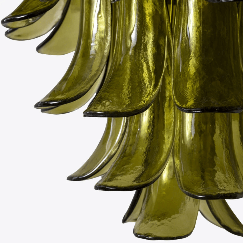 Aurora Chandelier Green Petal Glass Layered Natural - Lamp Copper