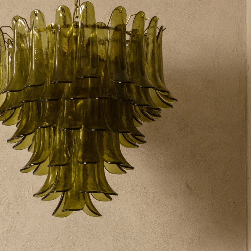 Aurora Chandelier Green Petal Glass Layered Natural - Lamp Copper