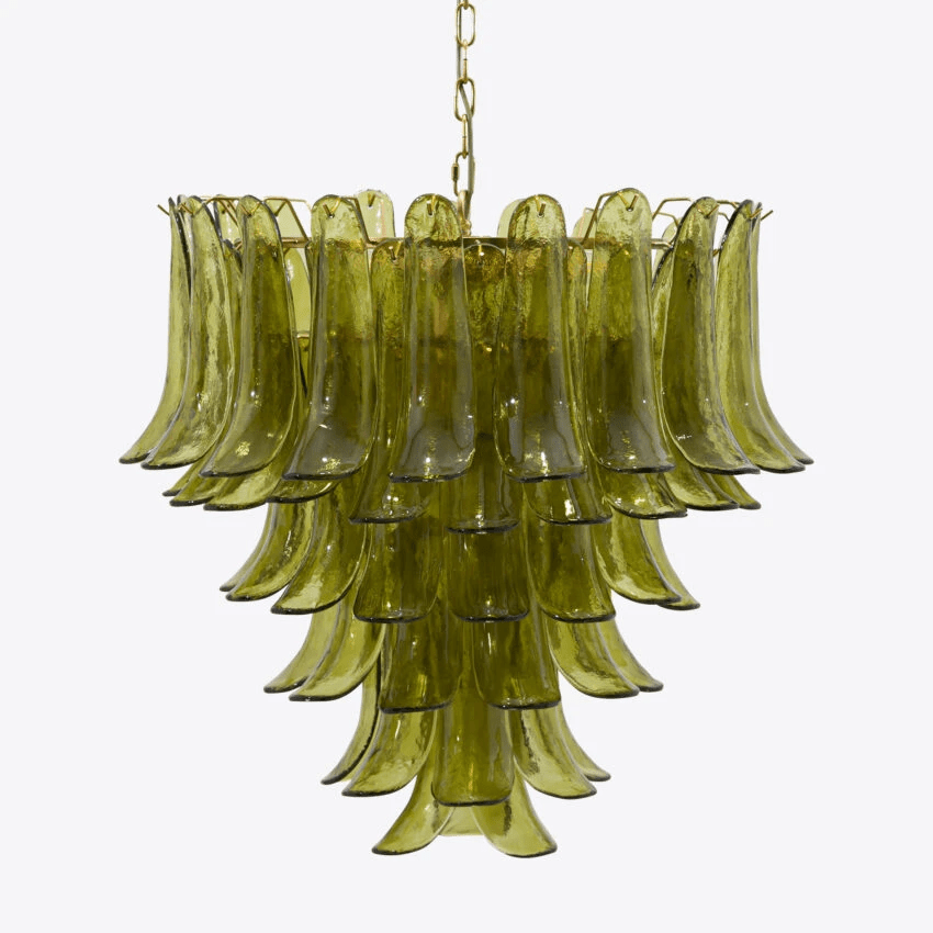 Aurora Chandelier Green Petal Glass Layered Natural - Lamp Copper