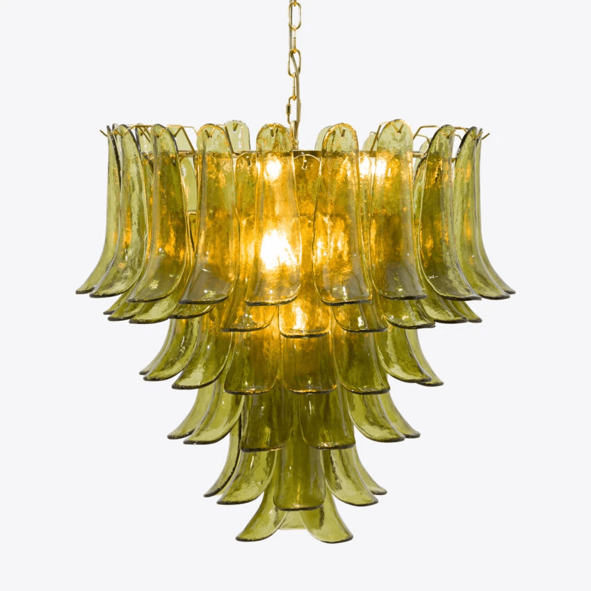 Aurora Chandelier Green Petal Glass Layered Natural - Lamp Copper