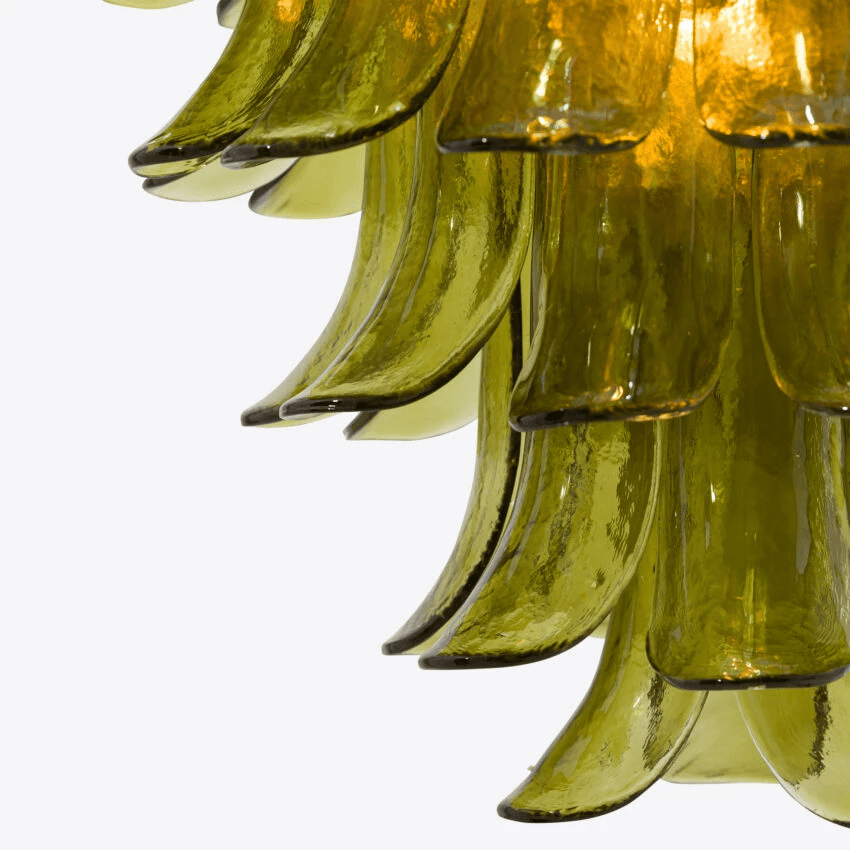 Aurora Chandelier Green Petal Glass Layered Natural - Lamp Copper