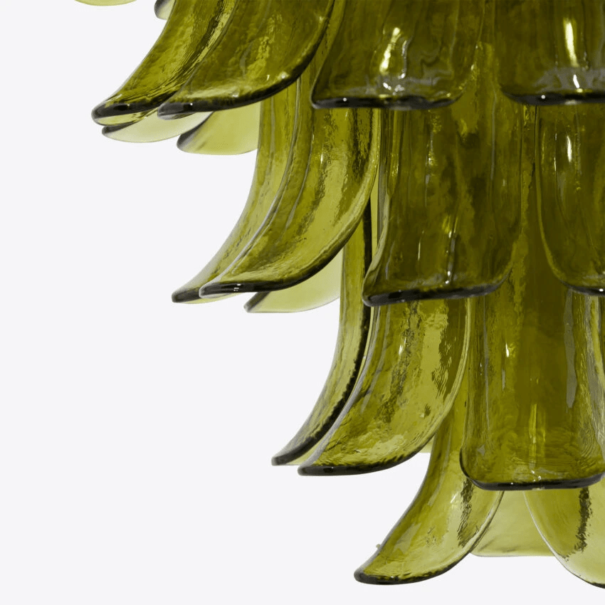 Aurora Chandelier Green Petal Glass Layered Natural - Lamp Copper
