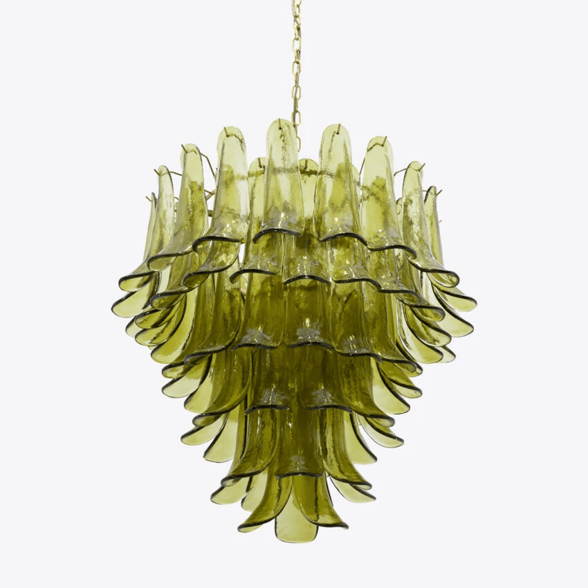 Aurora Chandelier Green Petal Glass Layered Natural - Lamp Copper
