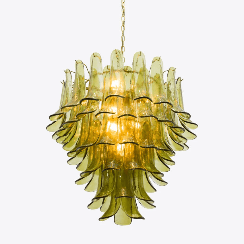 Aurora Chandelier Green Petal Glass Layered Natural - Lamp Copper