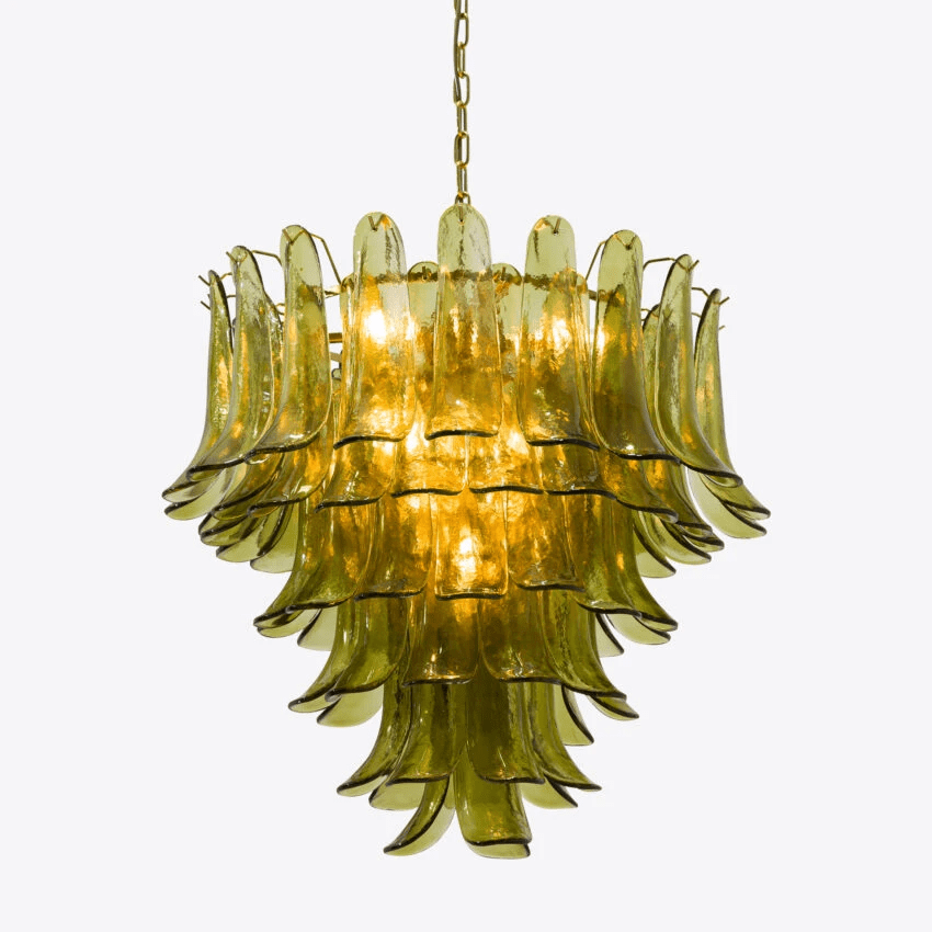 Aurora Chandelier Green Petal Glass Layered Natural - Lamp Copper
