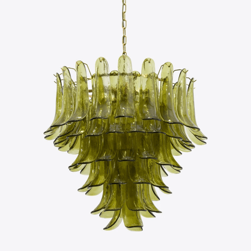 Aurora Chandelier Green Petal Glass Layered Natural - Lamp Copper