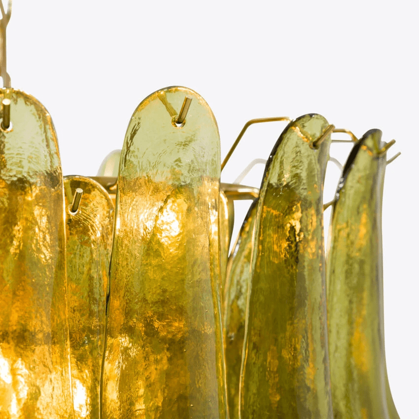 Aurora Chandelier Green Petal Glass Layered Natural - Lamp Copper