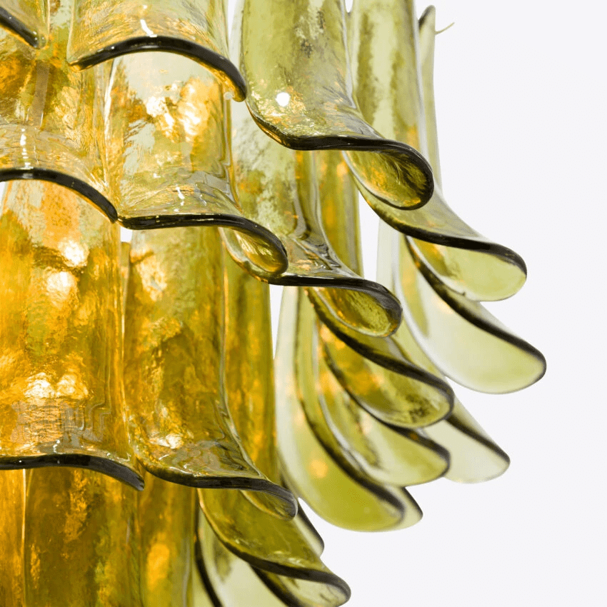Aurora Chandelier Green Petal Glass Layered Natural - Lamp Copper