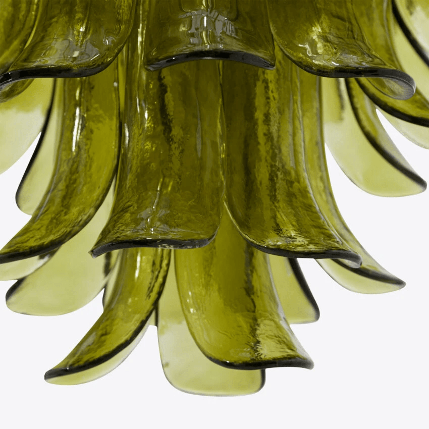 Aurora Chandelier Green Petal Glass Layered Natural - Lamp Copper