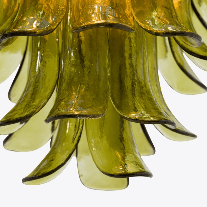 Aurora Chandelier Green Petal Glass Layered Natural - Lamp Copper