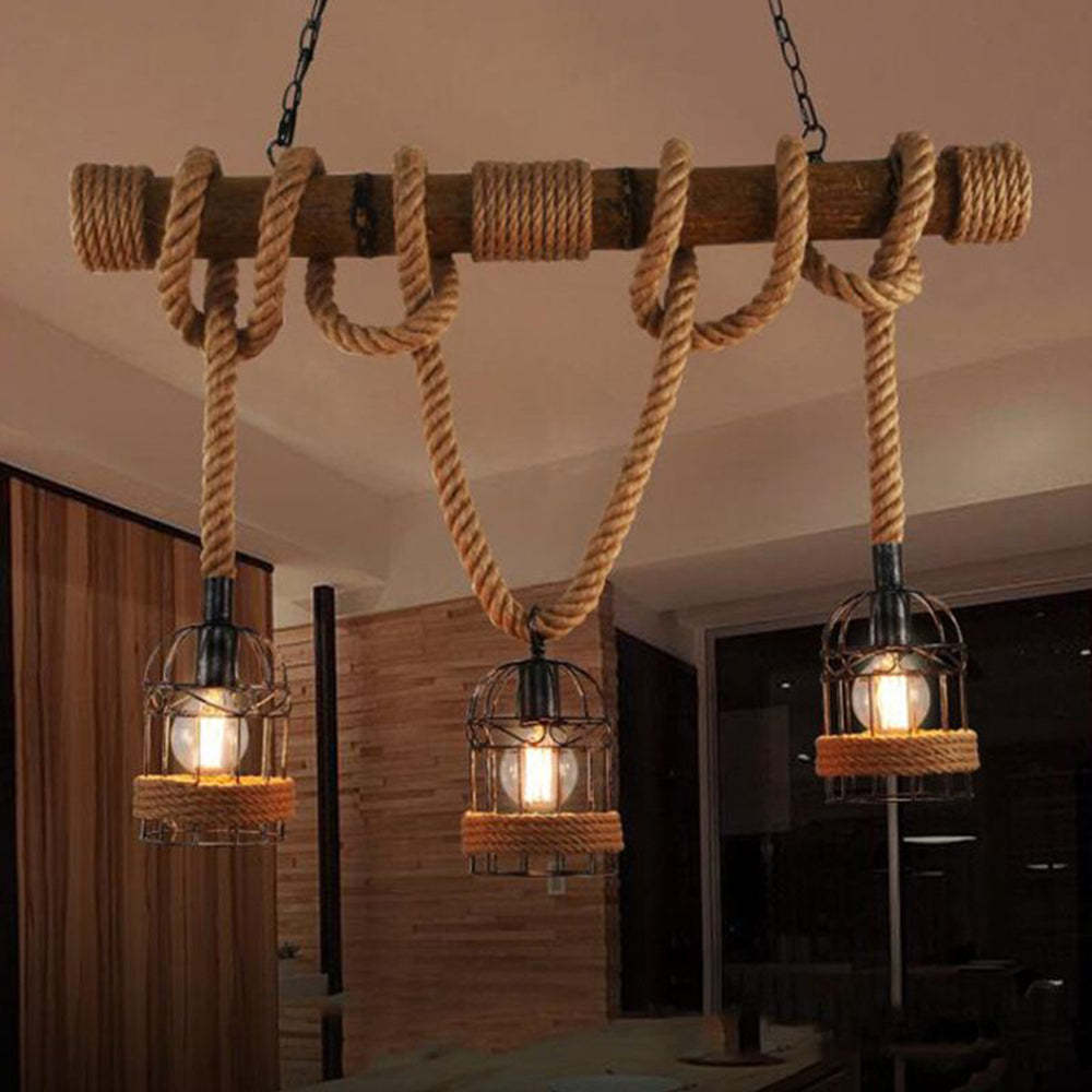 Silva Vintage 3 Heads Wood Rope Pendant Light - Lamp Copper