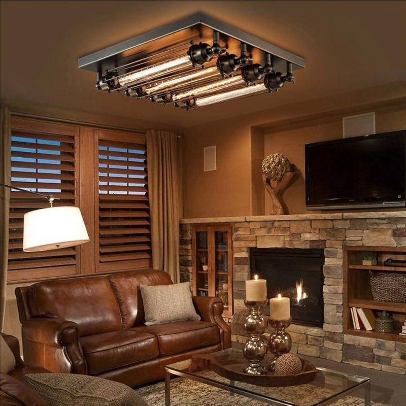 Austin Vintage Tubed Metal Flush Mount Ceiling Light, Black, Living Room - Lamp Copper