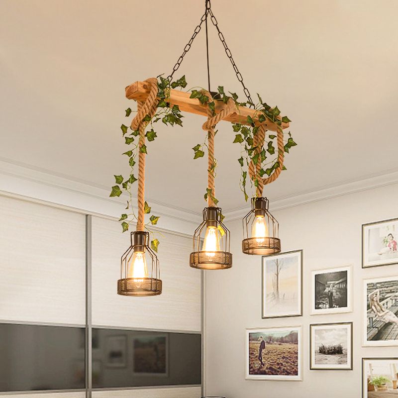 Epoch Caged Vintage Farmhouse Wood Beam Pendant Light 3/5 Heads - Lamp Copper
